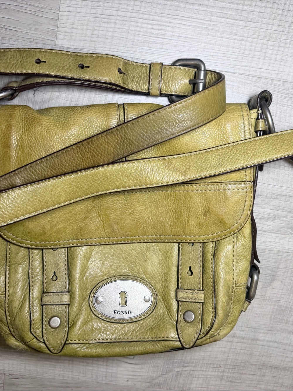 Fossil Olive Green Leather Crossbody Bag Vintage Distressed Satchel - Picture 13 of 13